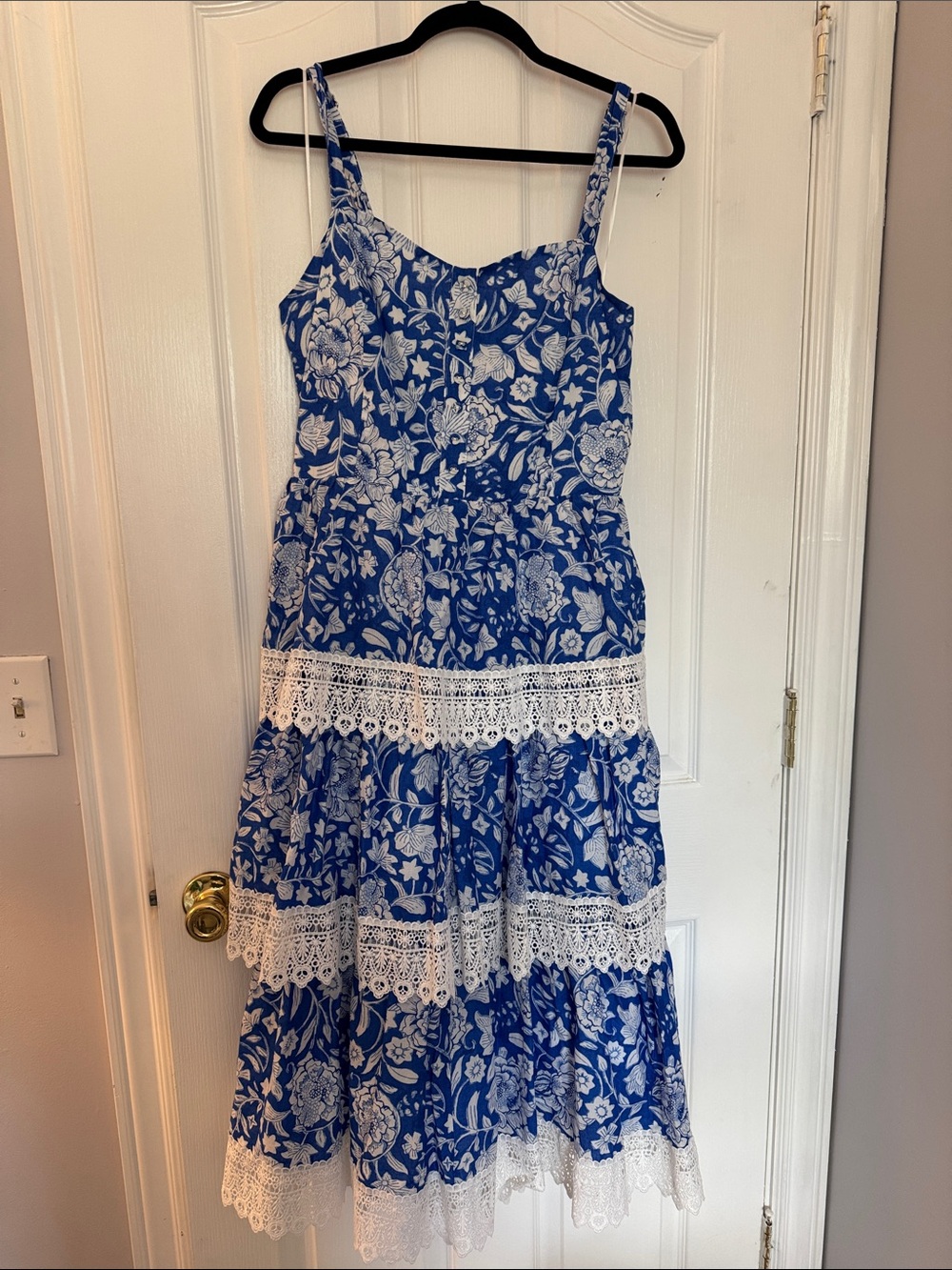 Blue Floral Lace-Trim Midi Dress - Women
